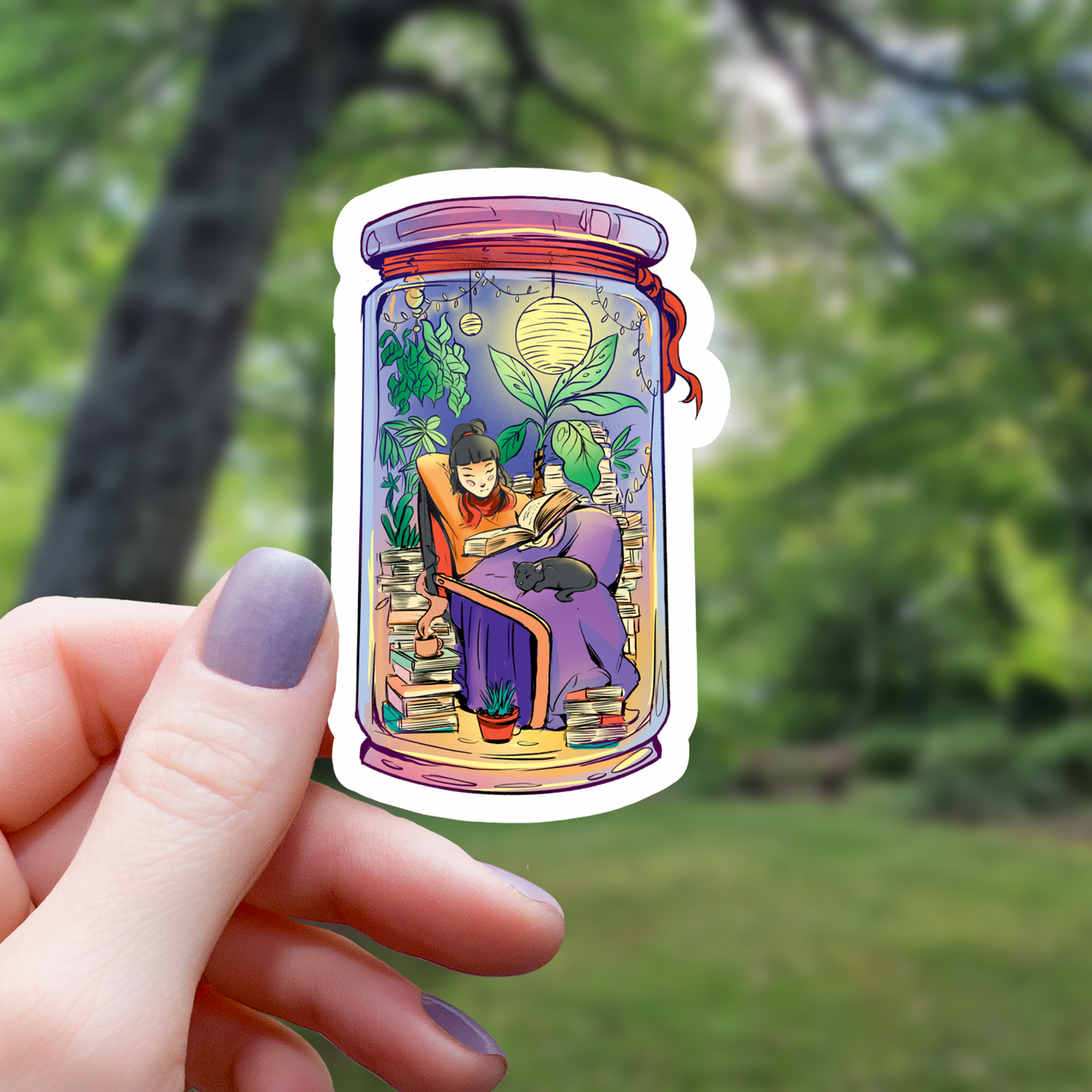 Girl Reading In A Jar Sticker - 3"