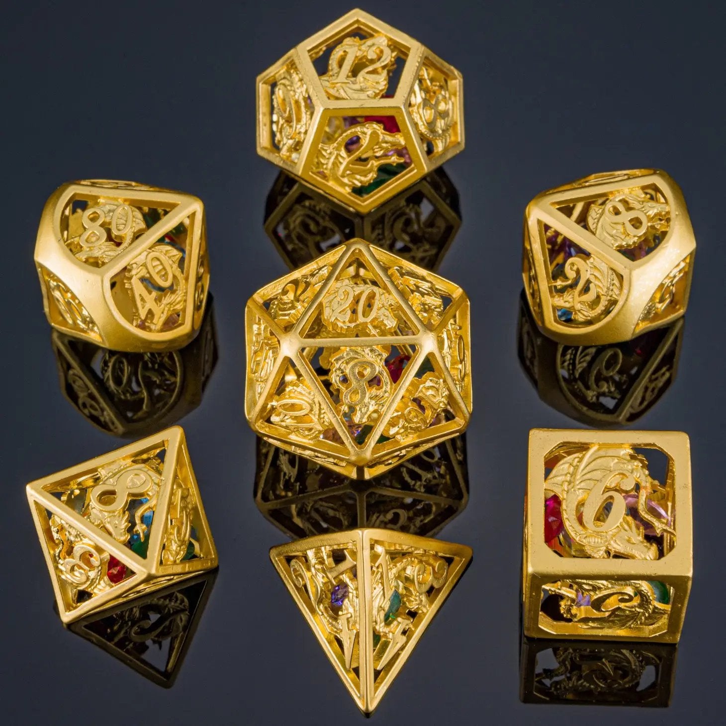 Hollow Dragon Polyhedral Dice Set Filled With Gems