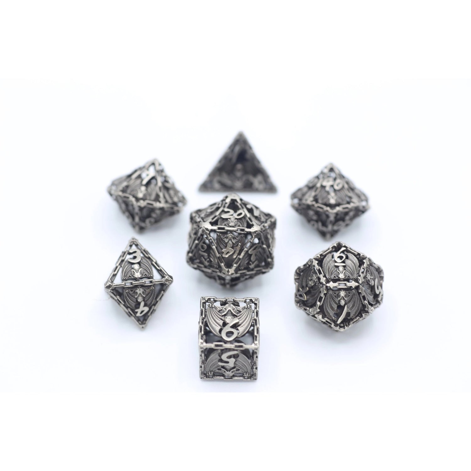 Ancient Silver Hollow Metal Bat Polyhedral Dice Set
