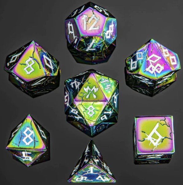 Barbarian Solid Metal Polyhedral Dice Set - Rainbow with White