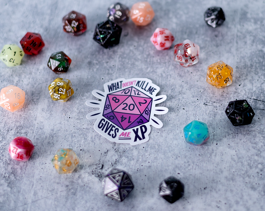 What Doesn't Kill You Gives You XP Dice Sticker - 2.5"