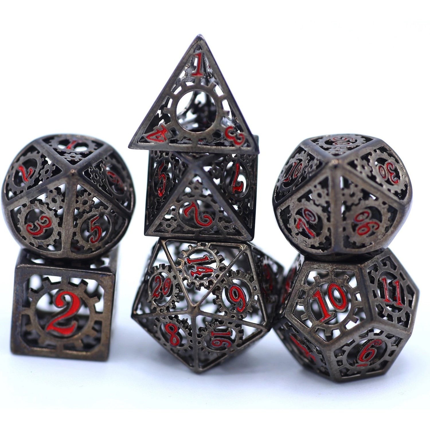 Black and Blood Hollow Metal Gears of Providence Polyhedral Dice Set